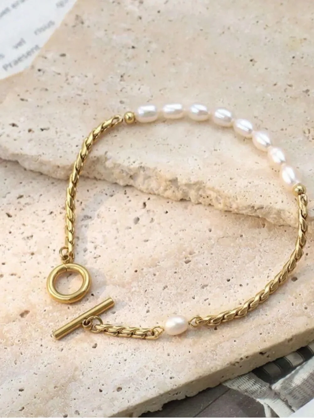 Gold Chain and White Bead Toggle Bracelet Stainless Steel - Picture 1 of 8